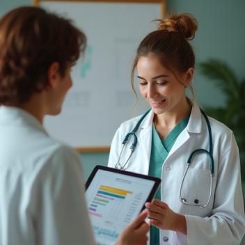 Nutritionist assessing a client's dietary needs using a tablet